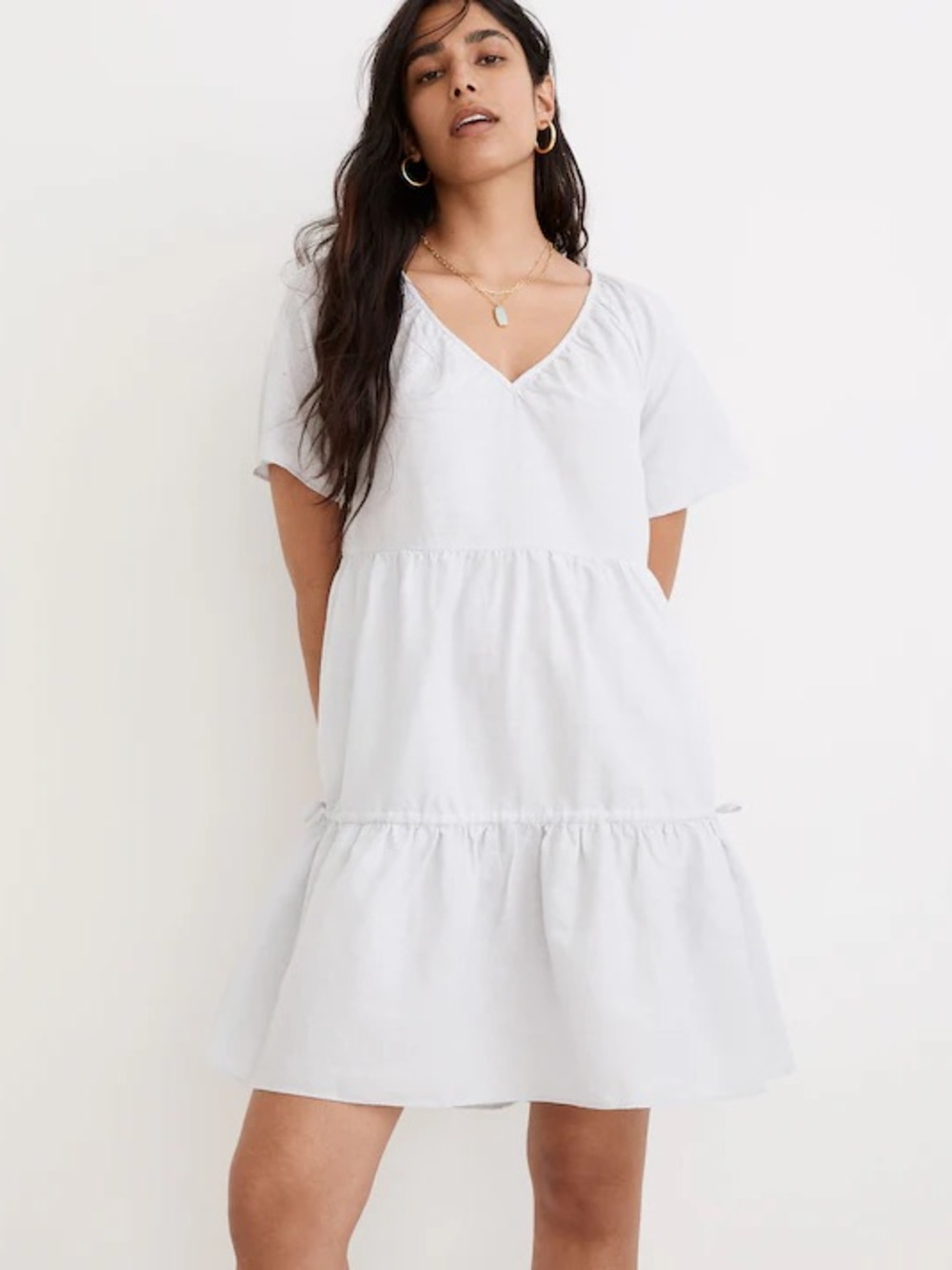 V-Neck Short Sleeve Tiered Dress - Light Blue